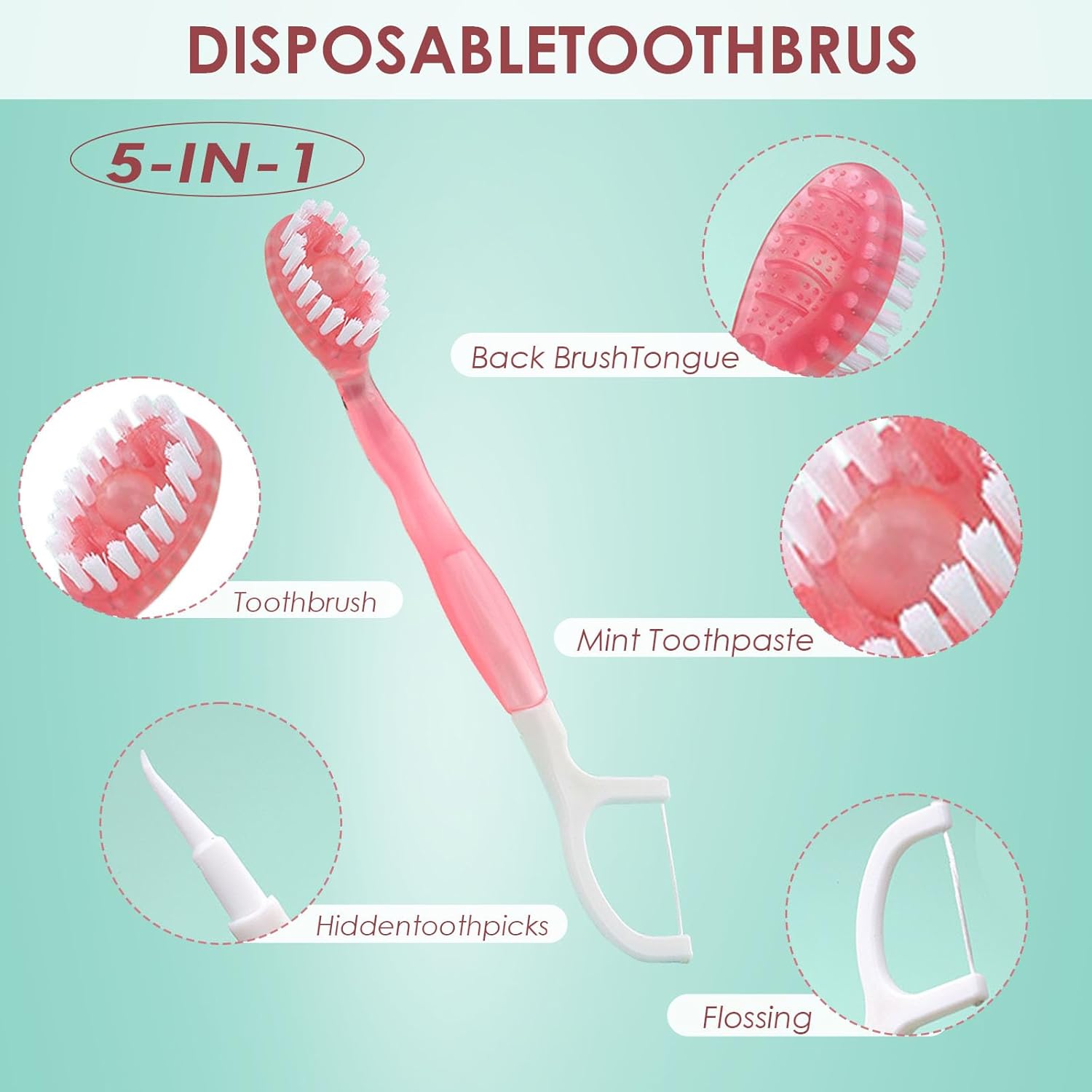 YIBLBOX 5 in 1 Toothbrush & Floss,5 in 1 mini Toothbrush & Floss & Tongue Scraper & Toothpick Set,Disposable Toothbrushes with Toothpaste, Portable Oral Care for Travel Work