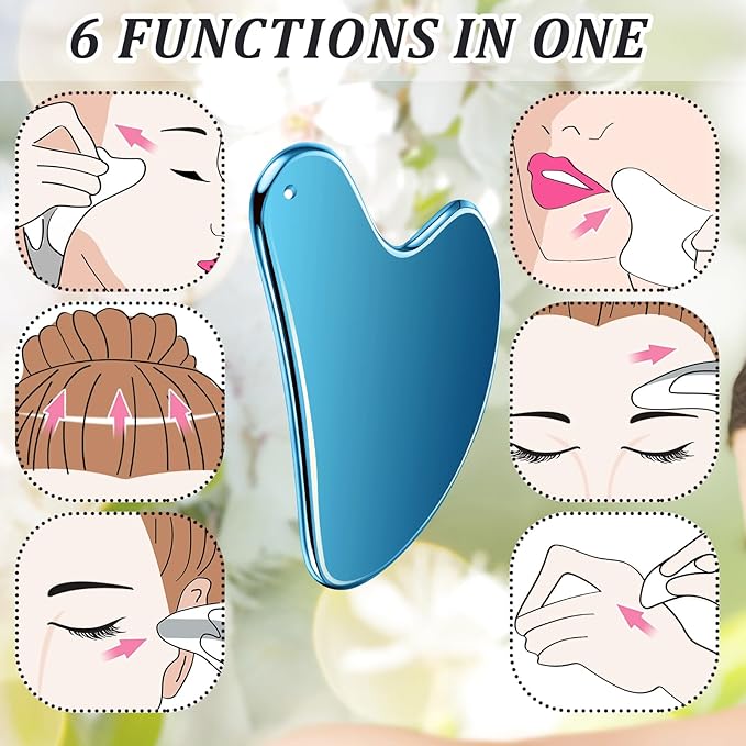 Nuanchu Stainless Steel Gua Sha Facial Tools Metal Guasha Tool for Face Body Jawline Shaper, Double Chin Reducer, Puffiness Reducing, Lymphatic Drainage Massager Skin Care Gift with Pouch(Blue)