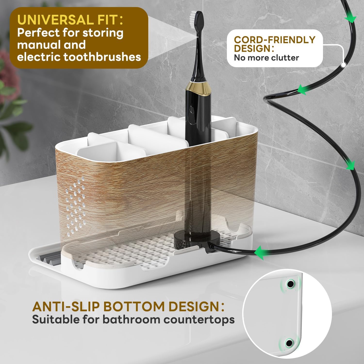 Bathroom Organizers and Storage 6 Slots Wood Grain Electric Toothbrush Holders with Phone Holder and Adjustable Dividers, Cord-Friendly Toothbrush Organizer with Drainage for Family, Kids