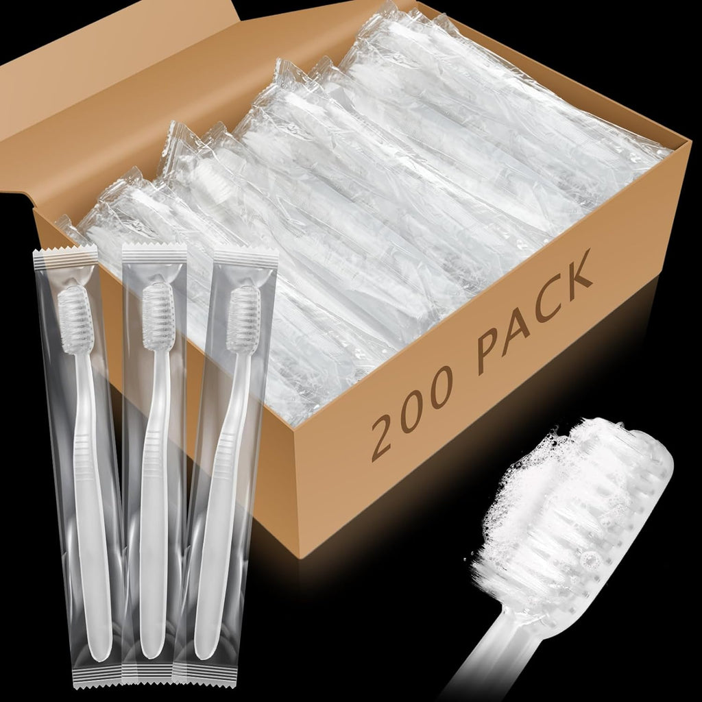 Tioncy 200 Pack Prepasted Disposable Toothbrushes Individual Wrapped Toothbrushes Soft Bristle Travel Toothbrush Single Use Wrapped for Hotel, Camp, Travel and Gift for The Homeless (White)