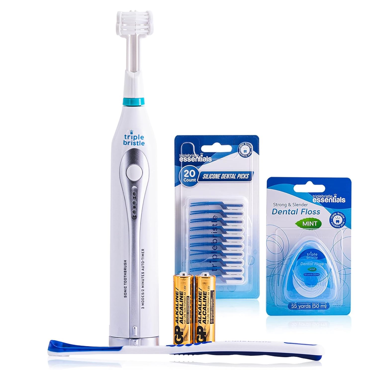 Triple Bristle GO | Portable Battery Sonic Travel Toothbrush | Three Cleaning Modes | Soft Nylon Bristles | Also for Autistic Special Needs Adults and Kids | Oral Care Kit