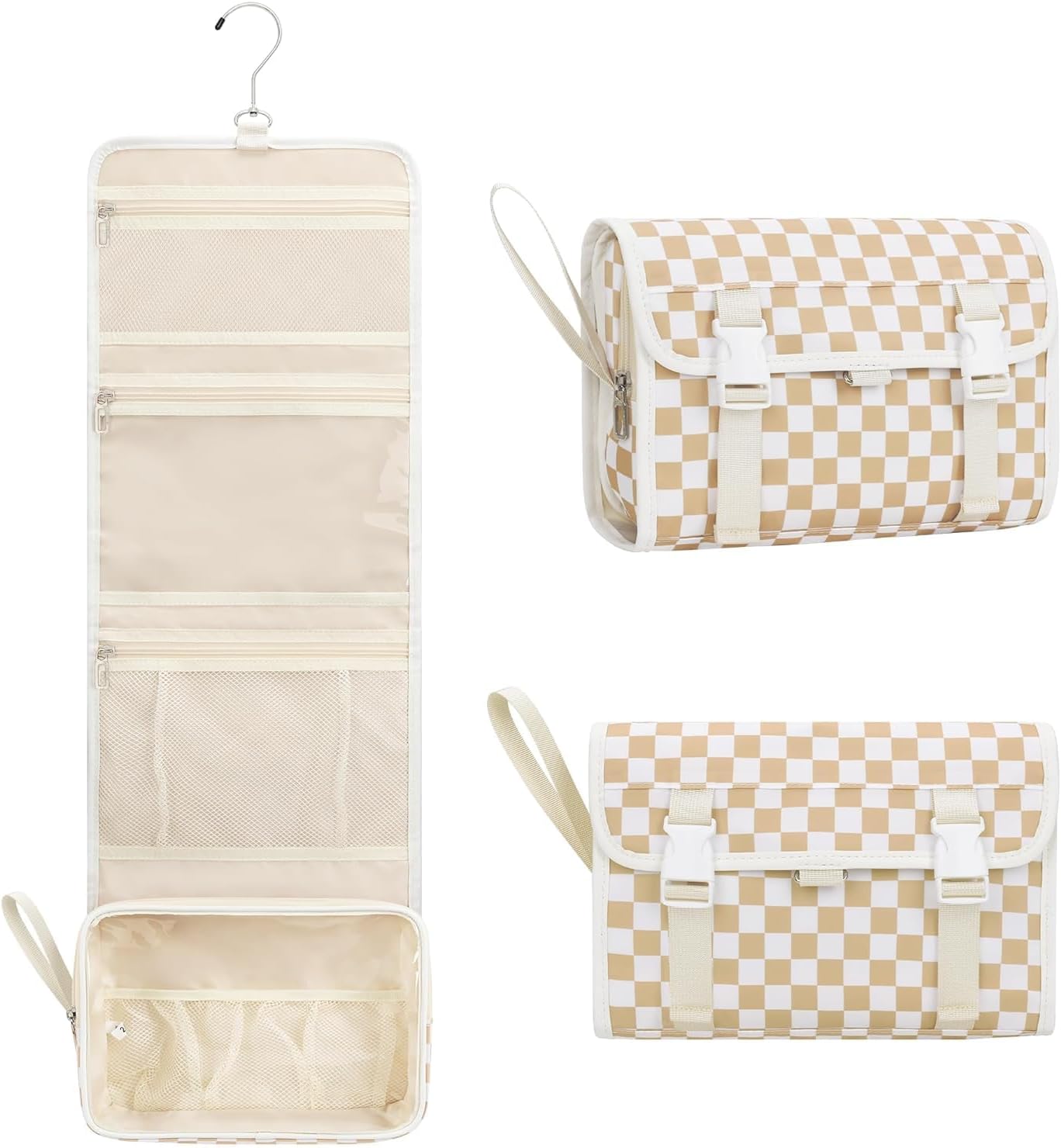 Relavel Hanging Toiletry Bag for Women, Hanging Makeup Organizer with Travel Size Toiletries, Portable Bathroom Travel Bag with Hook for Shaving Kit, Shampoo, Conditioner for Trip - Plaid