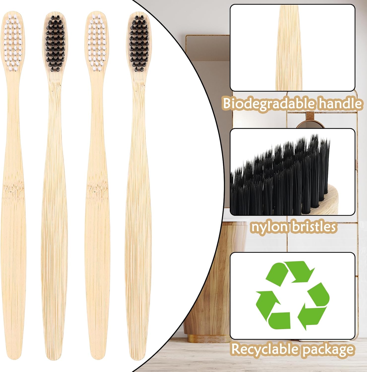 Vesici 100 Pcs Bamboo Toothbrushes Bulk Soft Bristles Toothbrushes with Micro Fur Ultra Wooden Bamboo Teeth Brushes Manual for Adults Travel Family Hotel Use Individually Packaged (Black,White)
