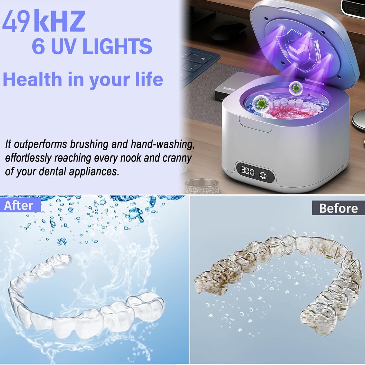 Ultrasonic Retainer Cleaner with UV, 300ML, 49kHz, Dental Cleaning Pod for Dentures, Aligners, Night Guards, Braces, Toothbrush Heads, Jewelry, Mouth Guard, 4 Modes with Digital Timer