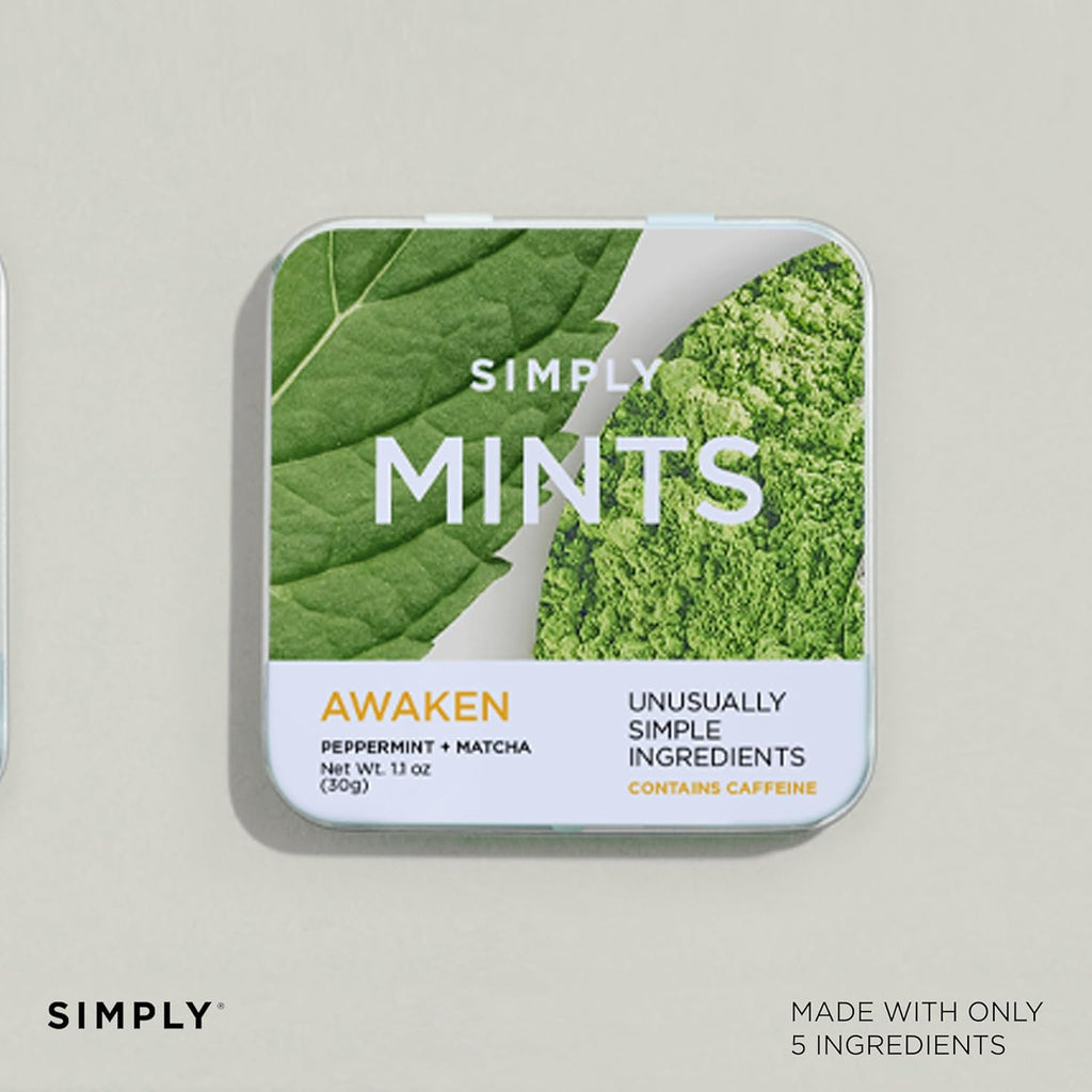 SIMPLY Mints | Caffeinated Breath Mints- Awaken (Caffeine + Peppermint + Matcha) | Pack of Six (180 Pieces Total) | Microdose Caffeine + Breath Freshening + Aspartame-Free + Vegan + non-GMO