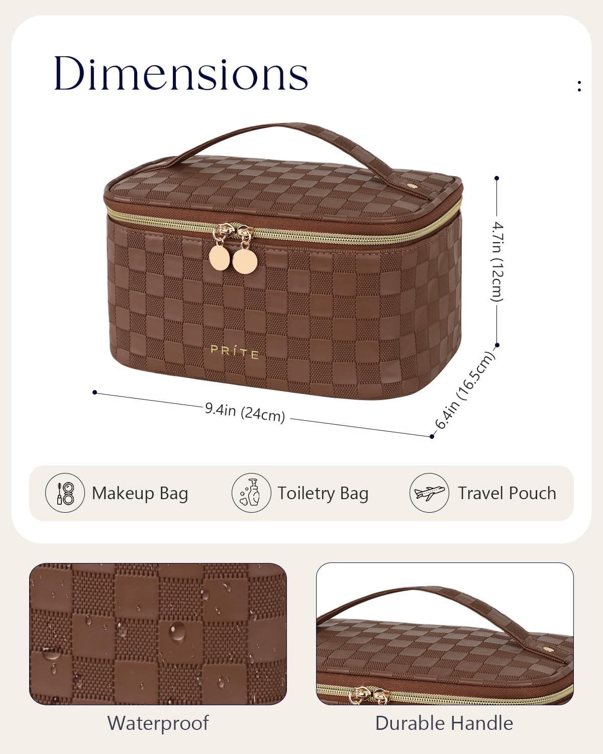 Prite Makeup Bag Portable Cosmetic Organizer with Brush Holder Waterproof Travel Toiletry Bag for Women with Handle and Divider (Checkered Brown)