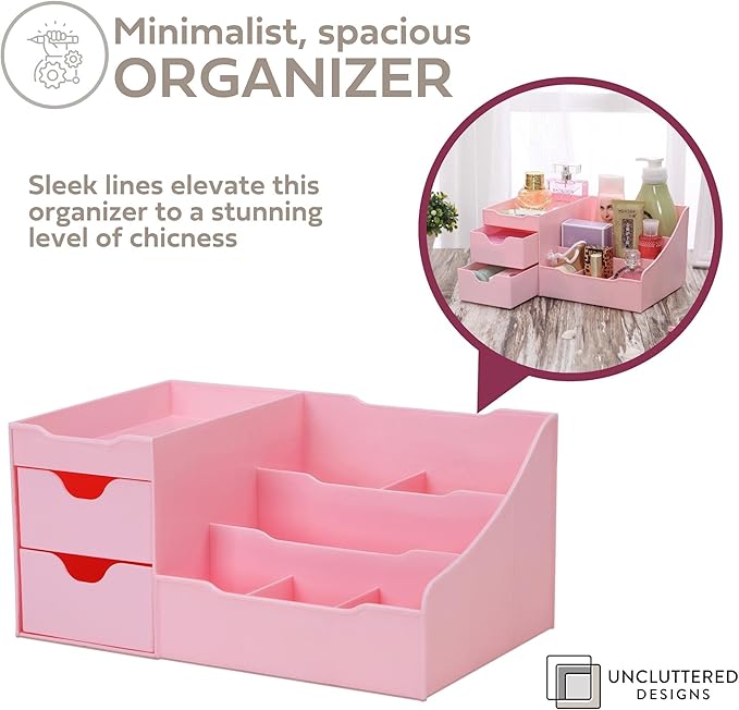 Uncluttered Designs Makeup Organizer With Drawers - Cute Kawaii Countertop Storage for Cosmetics, Pretty Vanity Holder for Perfume, Skincare, Brush, Lipstick, Nail Polish and other Accessories (Pink)