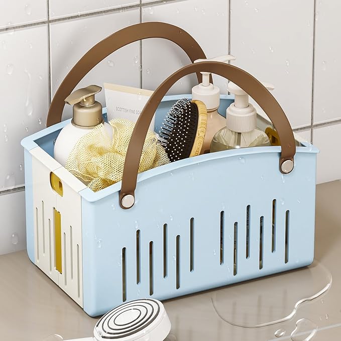 Delamu Portable Shower Basket Caddy with Double Handle Foldable Dry Wet Separation Design 11.0 × 7.1 × 6.5in, Travel, Camping, Gym, College Bathroom Tote, Blue, Ideal Christmas Gifts for Girls