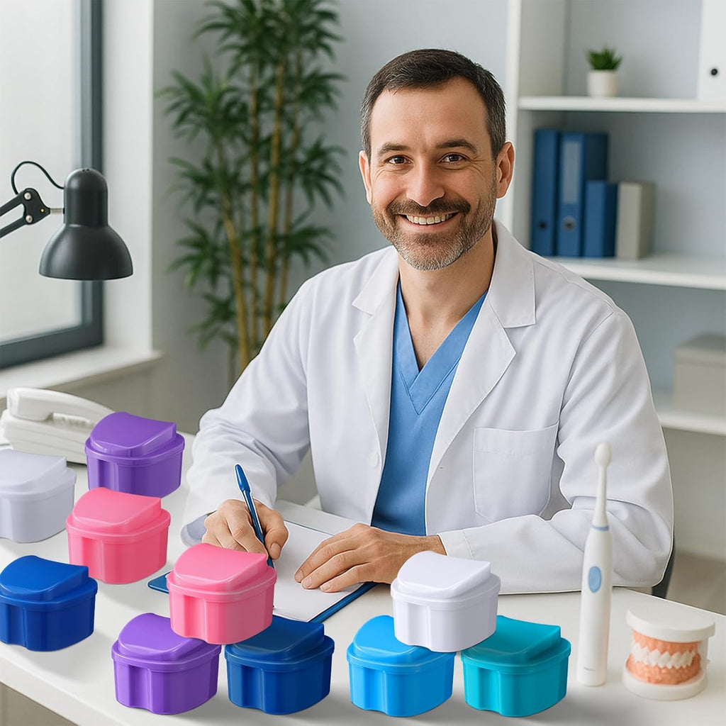 Zubebe 30 Pcs Denture Bath Retainer Case Holder Bulk with Strainer Basket Dental Cup Denture Soaking Container False Teeth Storage Box for Travel Cleaning Brace Mouth Guard, 5 Colors