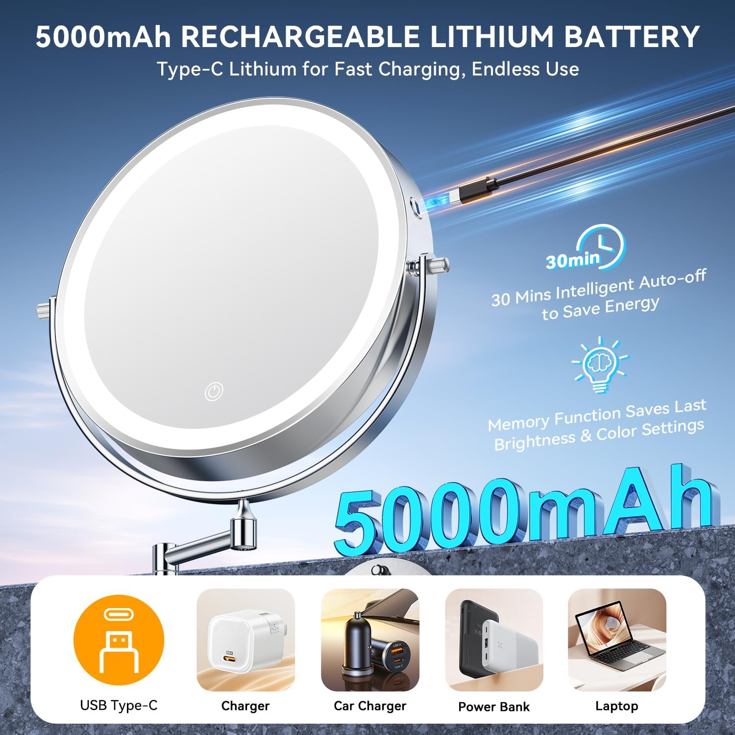 10'' 30X/1X Wall Mounted Lighted Makeup Mirror, 5000mAh Rechargeable Double-Sided Magnifying Mirror with Light, LED Vanity Mirror Touch Dimmable 3 Colors 360° Rotation Extended Foldable Arm, Chrome