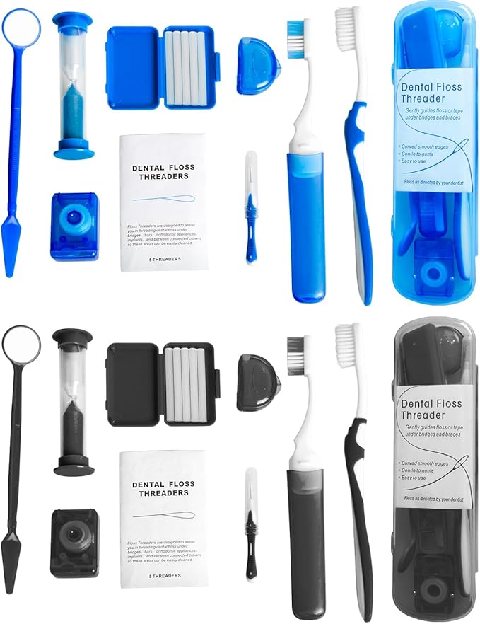 Wenge Portable Orthodontic Oral Care Kit - 2Pack - Travel Kit for Patients, Interdental Brushing Wax Floss Toothbrush Cleaning (Blue_Black)