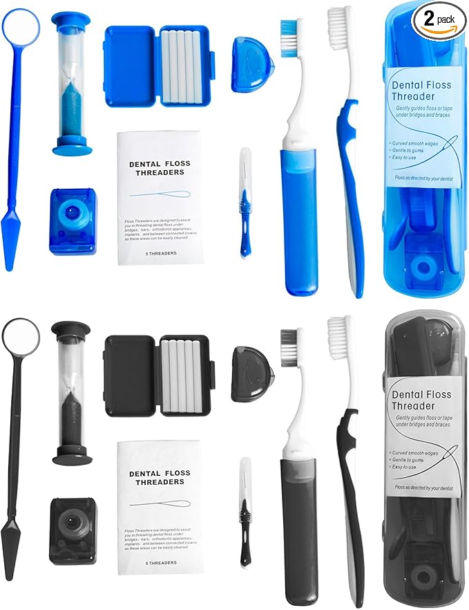 Wenge Portable Orthodontic Oral Care Kit - 2Pack - Travel Kit for Patients, Interdental Brushing Wax Floss Toothbrush Cleaning (Blue_Black)