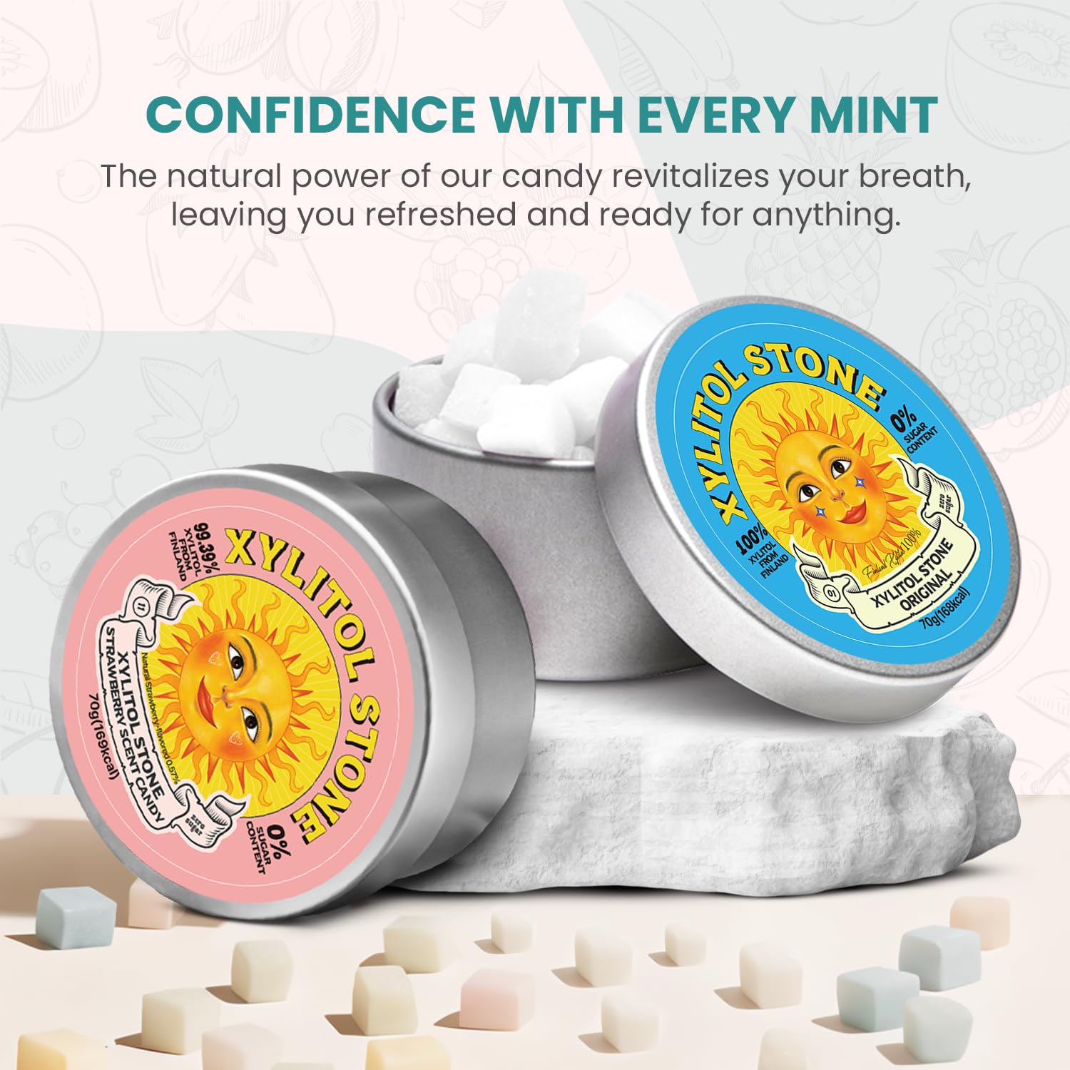 Xylitol Stone Sugar Free Candy - Vegan & Keto Friendly Unique Hard Candy - 100% Natural Flavor Candies - Gluten Free & Non-GMO Breath Freshener Low Calorie Mints - Pack of 2 (Original, Strawberry)