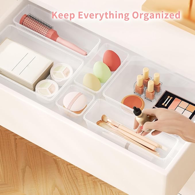 15 PCS Clear Plastic Drawer Organizer Set, 4 Sizes Versatile Bathroom Drawer Organization and Storage Trays, Non-Slip Desk Vanity Storage Bins for Makeup Jewelry Kitchen Utensil Gadget Office