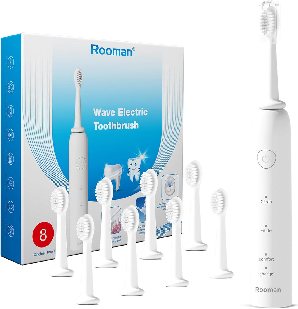 Rooman Oscillation&Vibration Sonic Electric Toothbrush for Adults, with 8 Brush Heads for Travel & Teeth Care, 20000 VPM, 3 Cleaning Modes, 2-Minute Timer, IPX7 Waterproof (White)