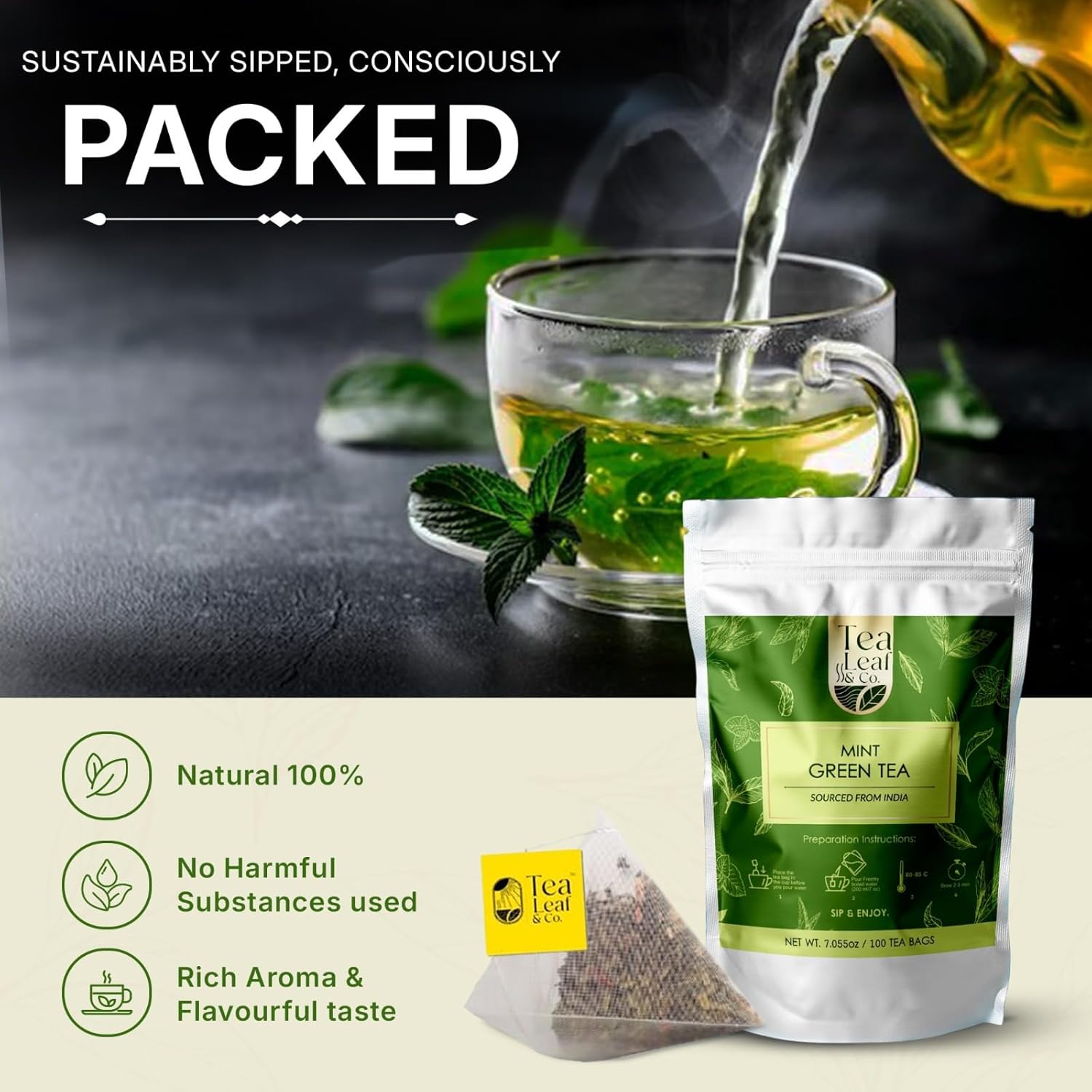 Tealeaf & Co. Mint Green Tea Bags Blended with Fresh Herbs - Spearmint & Peppermint Tea - Contains Low Caffeine - Gluten Free - 100 Teabags (7.055oz/200gm)