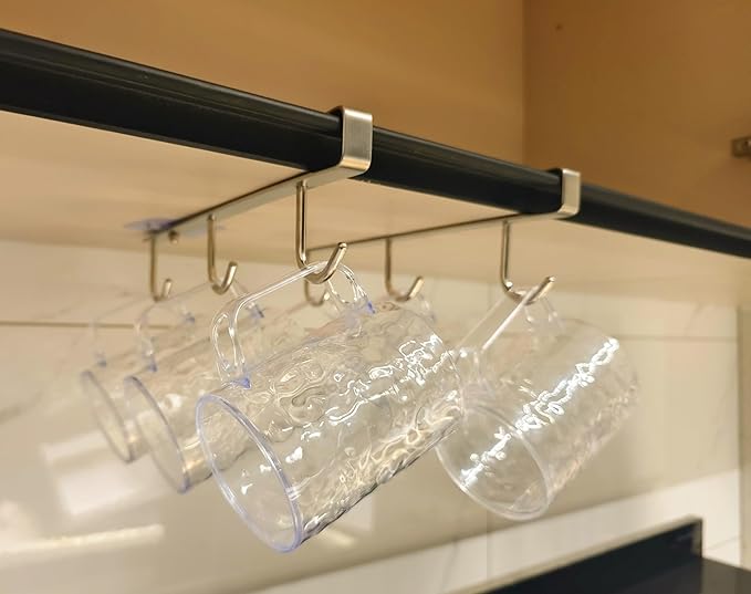 Mug Hooks Under Cabinet , 304 Stainless Steel Cup Hooks for Hanging Under Shelf, Mug Organizer Rack with 6 Hooks for Displaying Mugs, Coffee Cups and Kitchen Utensils,Fit for 0.8" or Less thickness