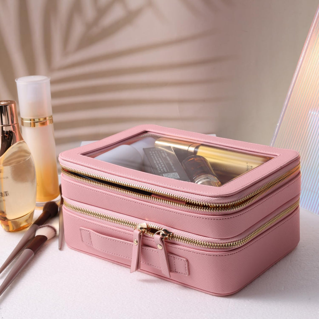 SANHECUN Clear Travel Toiletry bag Toiletry Case Carry on Travel Accessories Bag Makeup Bag Dimensions | LxWxH:9” x 6” x 4.2” (Pink, SHC-TL-2)