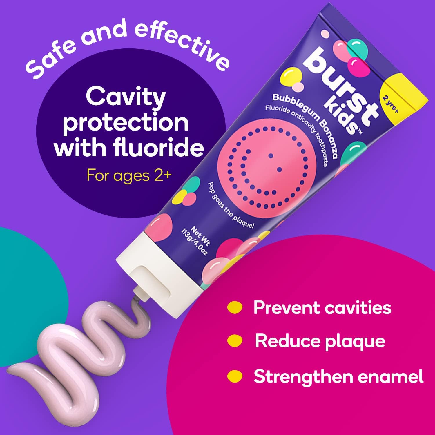 BURST Bubblegum Bonanza Kids Toothpaste with Fluoride (4oz/2 Pack) | Great Tasting Flavored for Children & Toddlers | Anticavity | Dye Free & Vegan | Safe for Kids Ages 2+