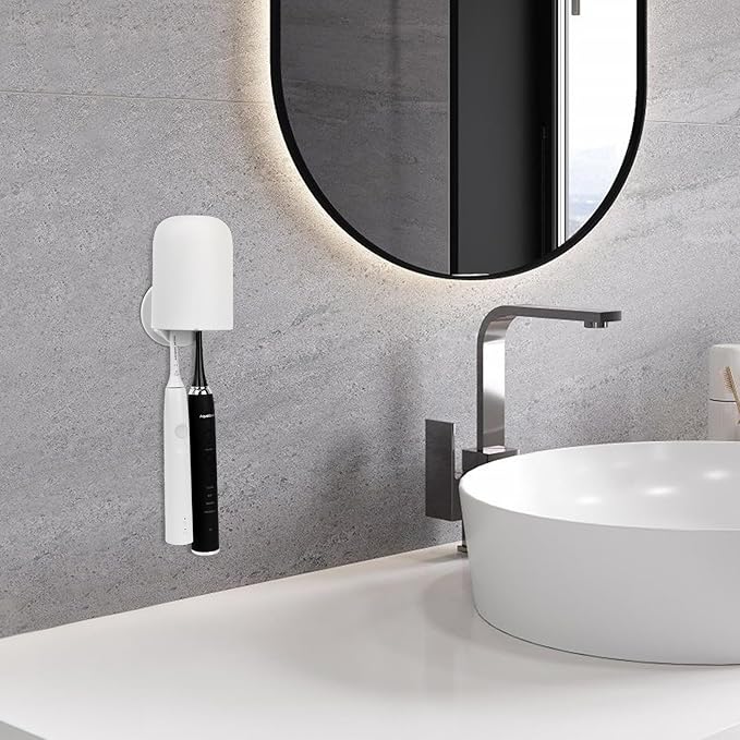 2 Pack Toothbrush Holders for Bathrooms Shower, Wall Mount Toothbrush Organizer with Mouthwash Cup, Self Adhesive Electric Toothbrush Storage, Easy to Clean Toothbrush Hanger