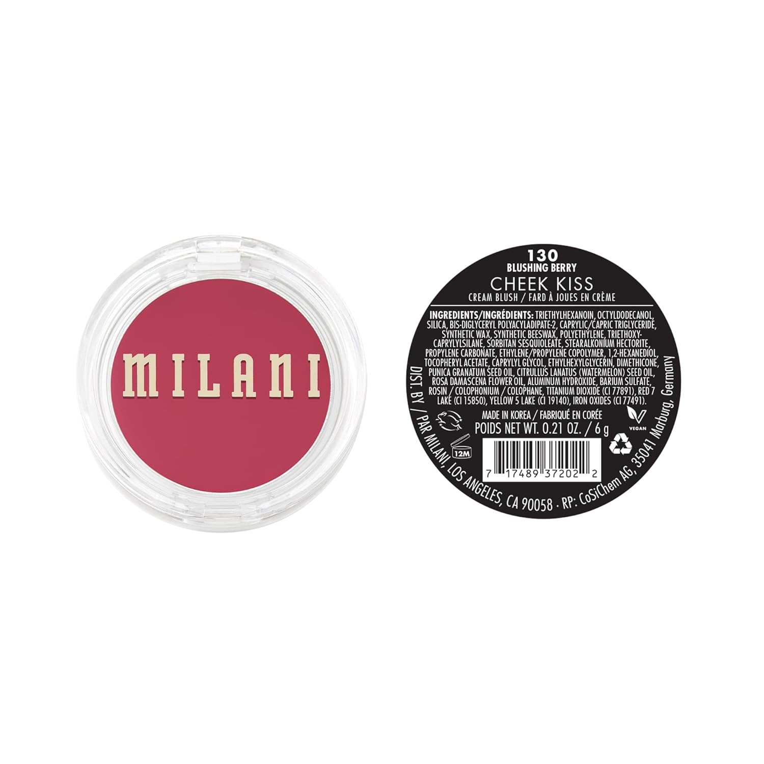Milani Blush Makeup – Cheek Kiss Cream Blush for Cheeks, Buildable Cream-to-Gel Blusher & Lip Tint, Dewy Natural Color, Hydrating - Blushing Berry
