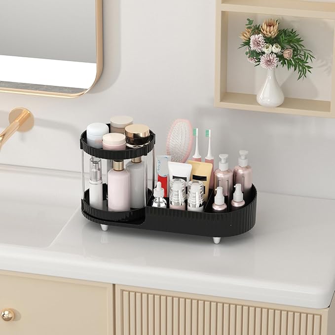 Makeup Organizer Countertop for Vanity with 360 Rotating Perfume Trays, 7-Compartment Skincare Organizers and Make Up Desk Storage, Cosmetic Organizer with Brush Holder for Bedroom Bathroom Counter