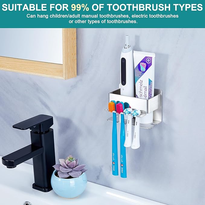 Toothbrush Head Holders, Electric Tooth Brush Head Holder, Adhesive Toothpaste Holder for Shower Bathrooms, Wall Mounted Tooth Brushing Holder Organizer Storage (Silver, Small)