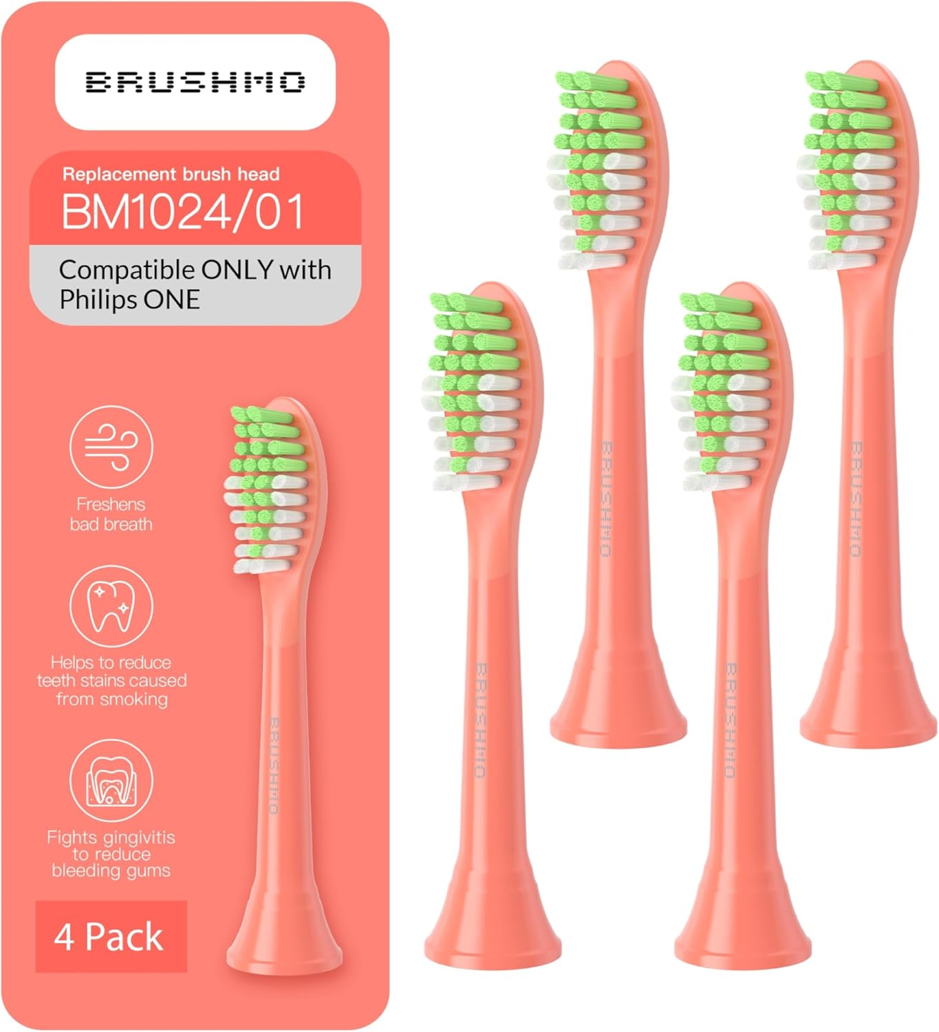 Brushmo Replacement Toothbrush Heads, Compatible with Philips One for Sonicare Electric Toothbrush Handles HY1022, 4 Standard Heads with Tongue Cleaner, Soft Dupont Bristles, BM124m, Miami Coral
