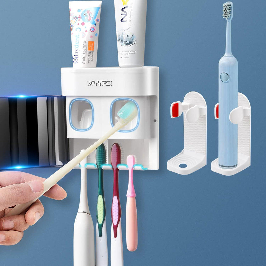 Boperzi 2 Pack Electric Toothbrush Stander and Toothbrush Holder Wall Mounted Automatic Toothpaste Dispenser Dustproof Cover Toothbrush Holder for Shower Bathroom Set Kids Family(Black+2 Pack)