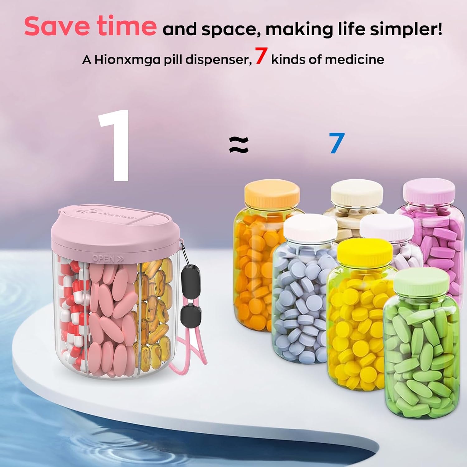 Pill Dispenser with 7 Large Compartments, 4.4" H x 3.6" Dia Pill Organizer for Travel, Supplement Organizer with Anti-Mixing Design, BPA-Free Pill Container with 20 Pcs Labels, Pink+ Black