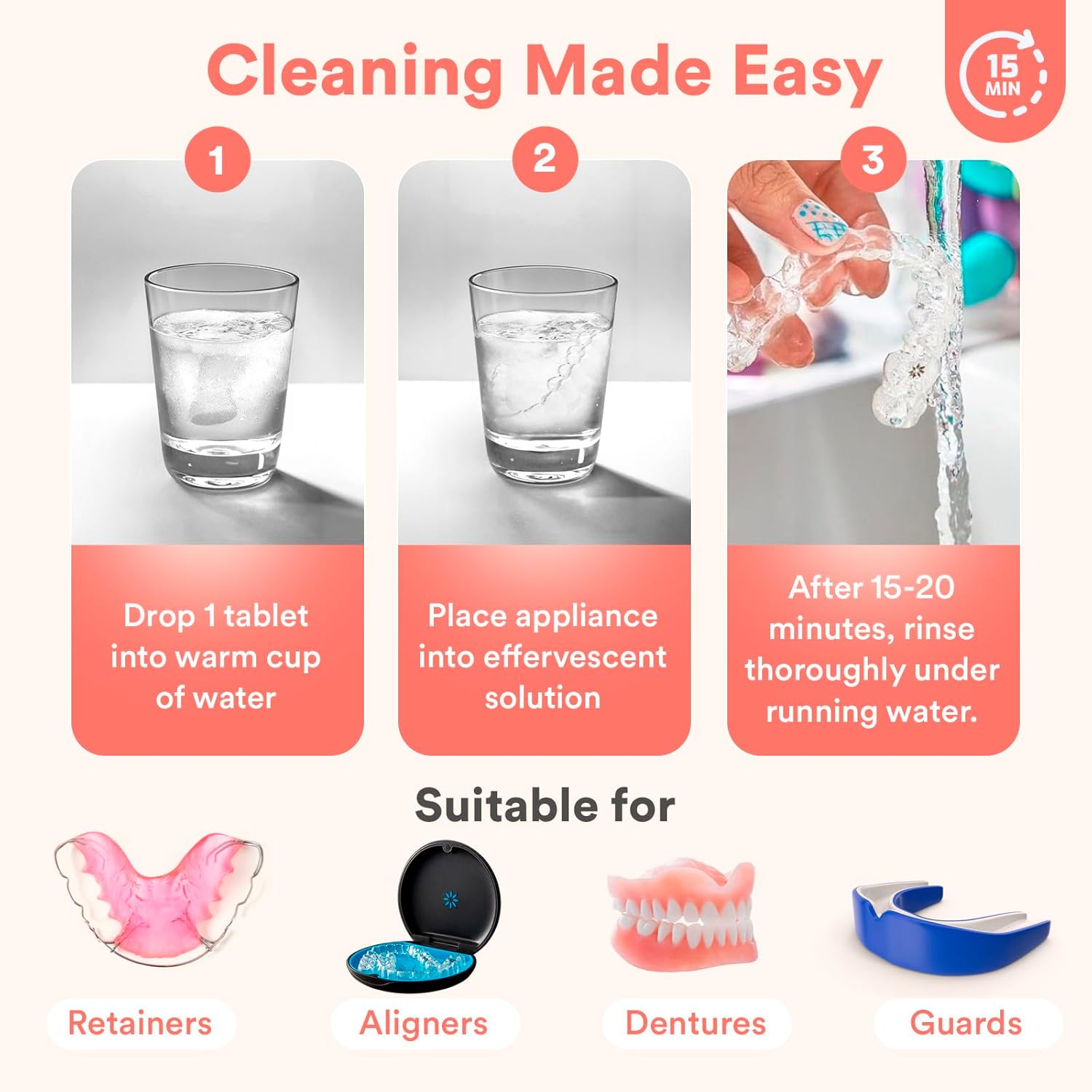 Weiss Naturals Retainer Cleaner Tablets, Invisalign Cleaner, Remove Stains, Odors & Plaque, FSA & HSA Eligible, Night Guard Cleaners PERSULFATE & DYE-FREE 4-Month Supply, Denture Cleaners 120 Tablets