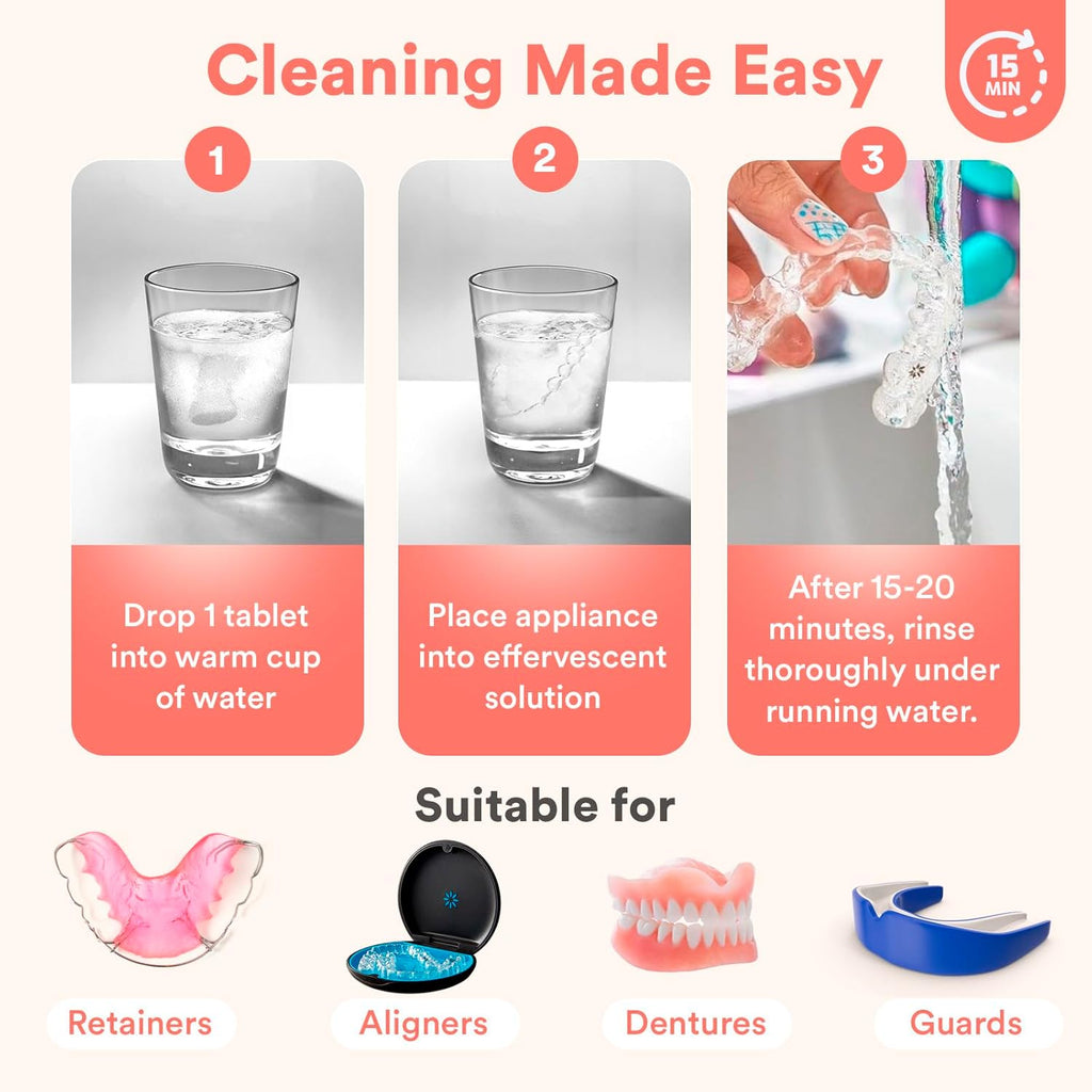 Weiss Naturals Retainer Cleaning Tablets, Invisalign Cleaner, Remove Stains, Odors & Plaque, FSA & HSA Eligible, Night Guard Cleaner PERSULFATE & DYE-FREE 1-Month Supply, Denture Cleaners, 30 Tablets