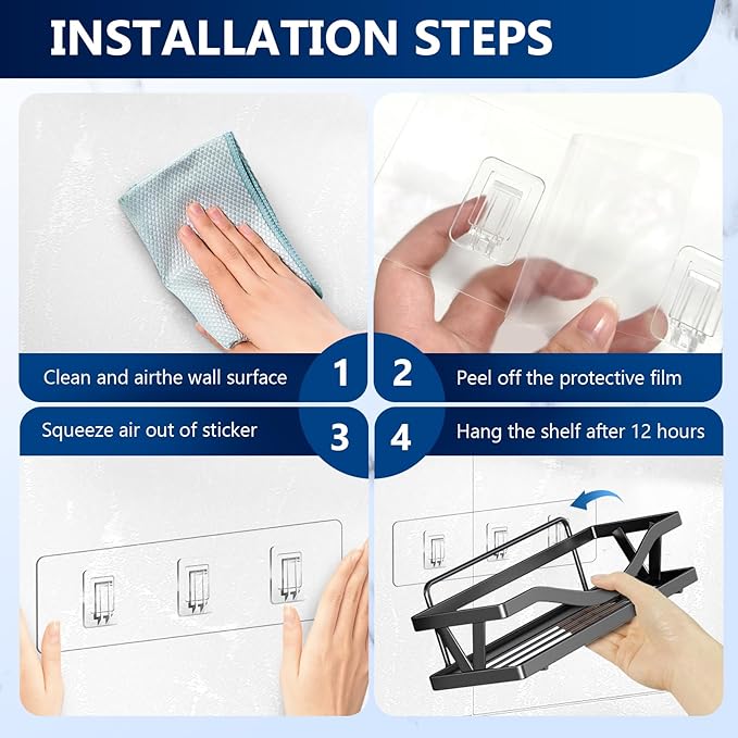 14 Pack Shower Caddy Replacement, Strong Adhesive Flat Hooks, Clear Waterproof Shower Shelf Strips for No Drilling Bathroom Storage Shelves, Soap Holder, and Kitchen Racks