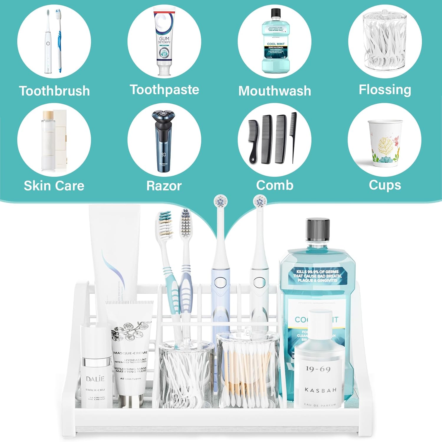Toothbrush Holder Instant-Dry Organizer - Bathroom Countertop Organizer Kids Electric Toothbrush Toothpaste Holders - 7 Slots Bathroom Sink Accessories Storage Tooth Brush Counter Organization, White