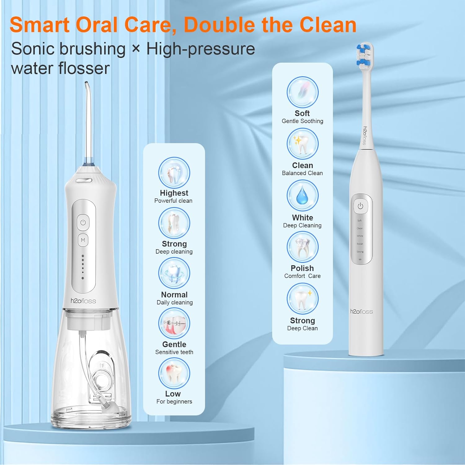 H2ofloss Sonic Electric Toothbrush and Water Flosser Combo, Rechargeable 2000mAh Toothbrush and 2500mAh Oral Irrigator with 300ml Tank, 4 Brush Heads, 5 Nozzles, 2 in 1 for Home and Travel (White)