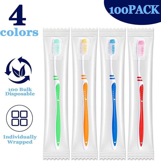 100 Pack Bulk Toothbrush Package with Covers Premium Quality Individually Wrapped Tooth Brushes, Soft Bristle Toothbrushes for Adults & kids, Hygienic Cap for Donations, Travel, Hotels, Homeless