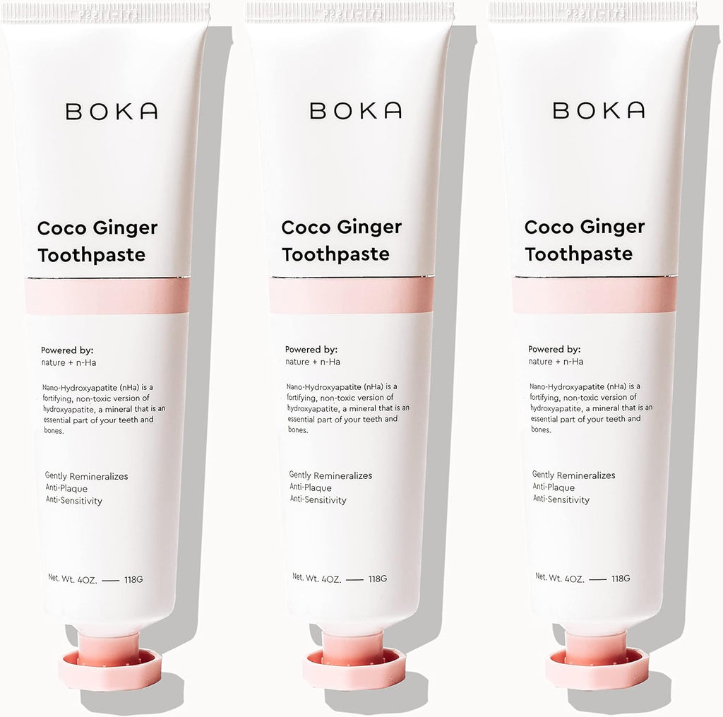 Boka Fluoride Free Toothpaste - Nano Hydroxyapatite, Remineralizing, Sensitive Teeth, Whitening - Dentist Recommended for Adult, Kids Oral Care - Coco Ginger Flavor, 4 Fl Oz 3Pk - US Manufactured