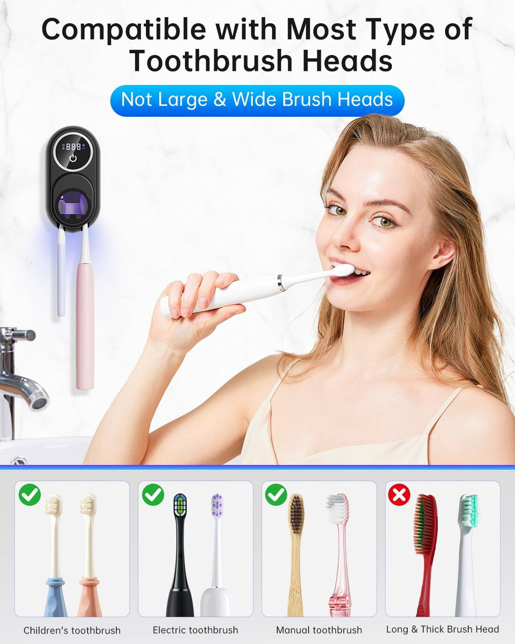 Toothbrush Holder & Toothbrush Cleaner, UV Toothbrush Sanitizer and Holder 2 Slots, Cleaning and Fan & Heat Drying, LED Smart Screen, Wall Mounted Tooth Brush Holder for Bathrooms (Black)