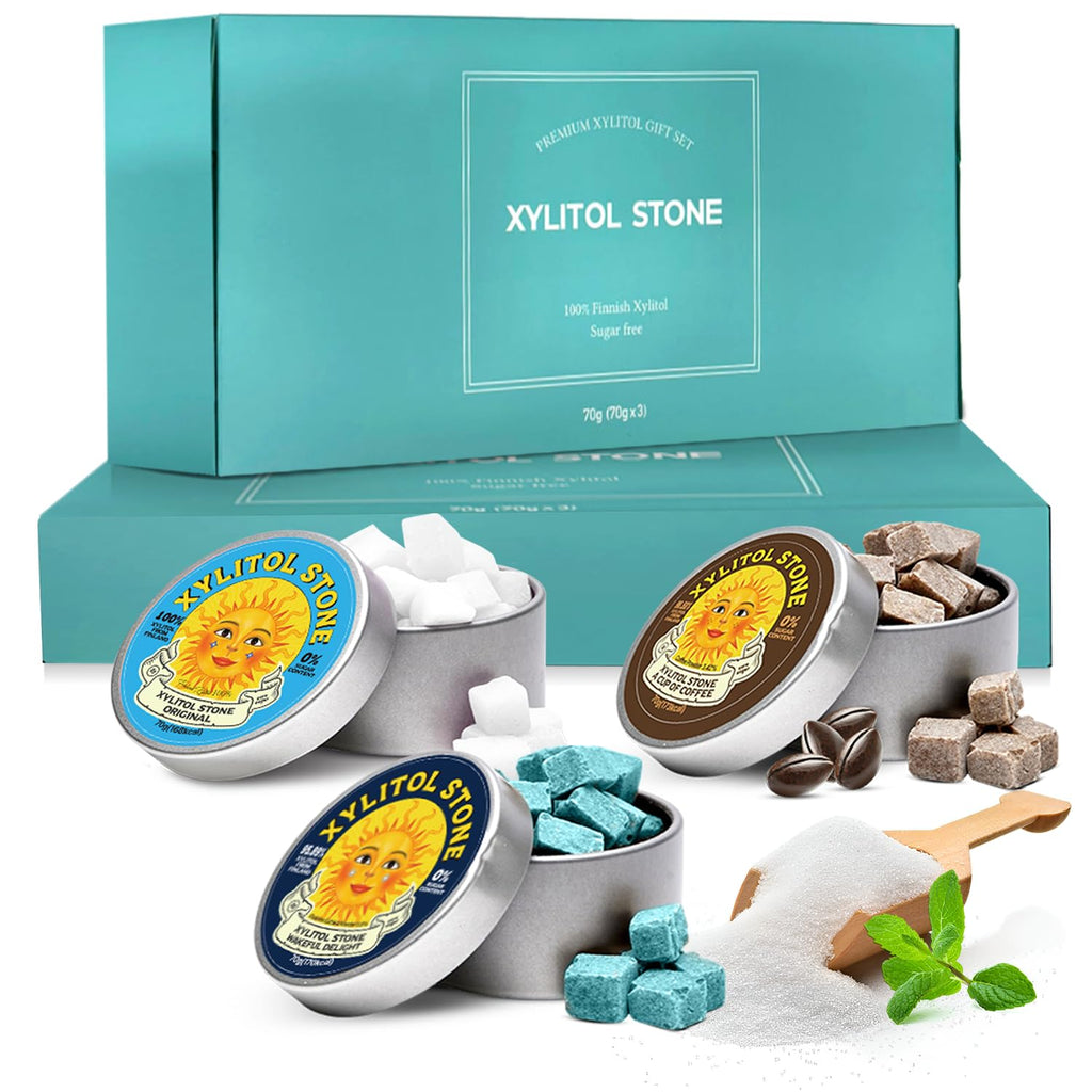 Xylitol Stone Sugar Free Candy - Vegan & Keto Friendly Unique Hard Candy - 100% Natural Flavor Candies - Gluten Free & Non-GMO Breath Freshener Mints - Pack of 3 (Original, Coffee, Wakeful Delight)