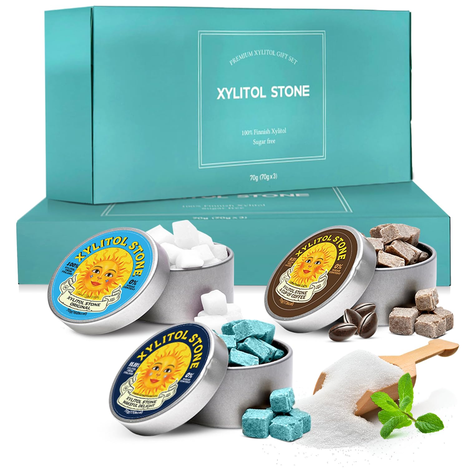 Xylitol Stone Sugar Free Candy - Vegan & Keto Friendly Unique Hard Candy - 100% Natural Flavor Candies - Gluten Free & Non-GMO Breath Freshener Mints - Pack of 3 (Original, Coffee, Wakeful Delight)