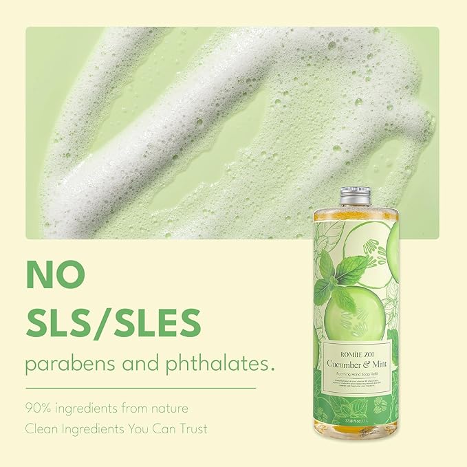 ROMIIE ZOI Foaming Hand Soap Refill, Cucumber&Mint, Gentle & Moisturizing Formula, 1000 ML/ 33.8 FL OZ