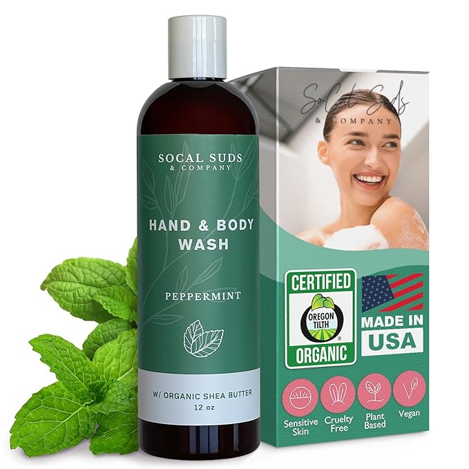 SoCal Suds & Company Hand & Body Wash Organic Shea Butter - Peppermint Scent - Liquid Soap - Daily Body Wash for Men and Women - Moisturizing Ingredients - Gentle Shower Gel - Non-Drying - 12oz