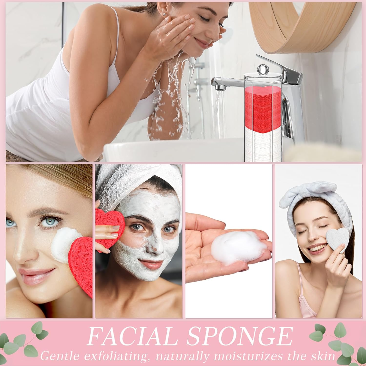 Sieral 120 Pcs Compressed Facial Sponges with Container Disposable Face Sponge Pads for Washing Face Cleansing Exfoliating Esthetician Makeup Removal (Heart,Red, White)