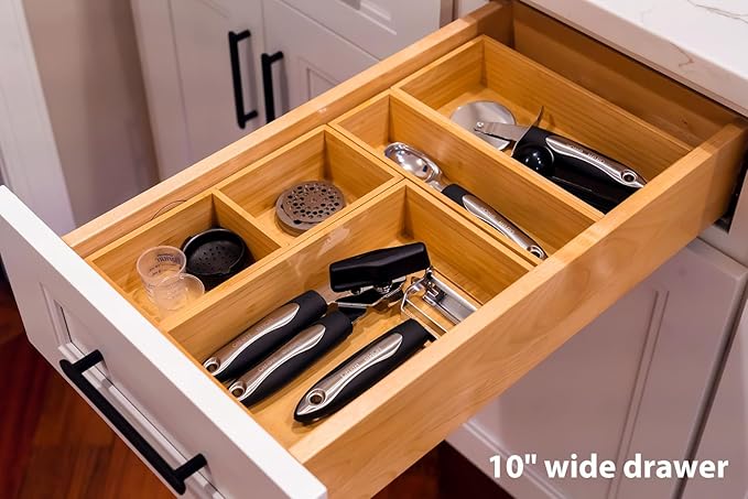 Umilife Drawer Organizer Storage Boxes, 2.5" High Bamboo Drawer Dividers, 5 Rearrangeable Bins for Kitchen, Office Desktop, Clothing, Makeup, vanity, Jewelry