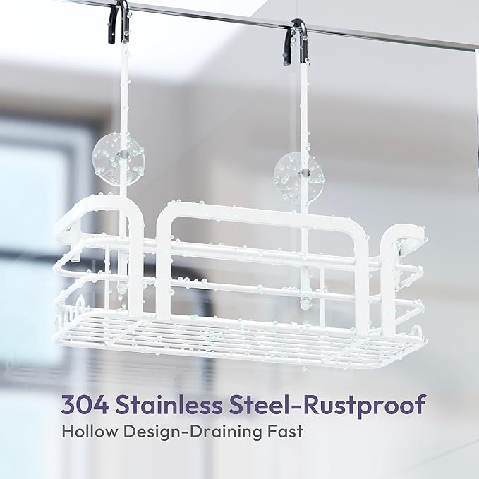 SWTYMIKI Shower Caddy Hanging Organizer - Over the Door Shower Caddy with 6 Hooks, 2 Installation Ways, Stainless Steel Rustproof Bathroom Organizer, White