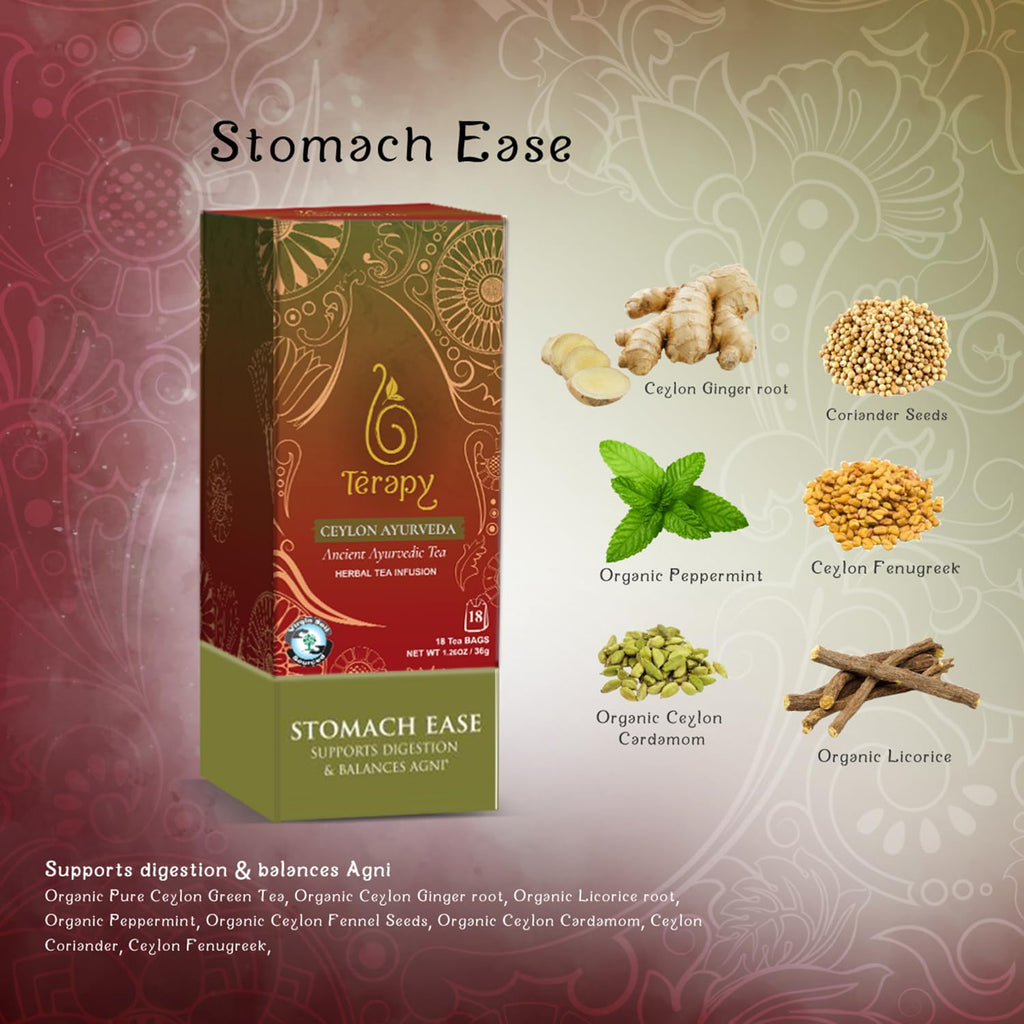 Térapy Ceylon Stomach Ease Herbal Tea Bags | Soothes Stomach & Supports Healthy Digestion | All Natural Ayurvedic Ingredients Including Peppermint, Ginger, Licorice | 18 Individually Wrapped Tea Bags