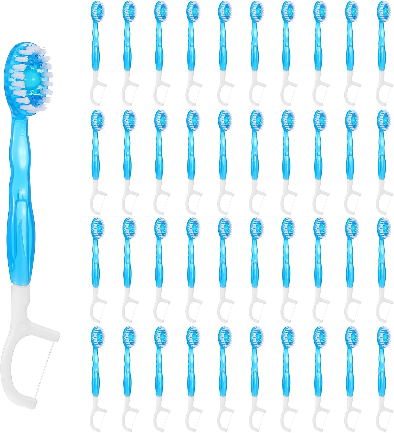 50pcs 5 in 1 Disposable Mini Toothbrushes with Toothpaste Floss Pick & Tongue Scraper Travel Size Individually Wrapped Portable Oral Care Set for Women Men Hotel Camping Flight Car Guest Use