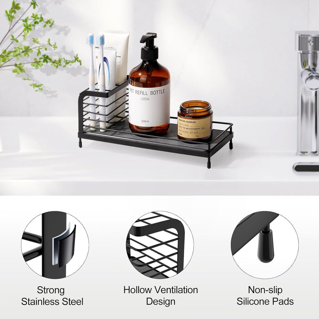 Luxspire Toothbrush Holders, Bathroom Organizer Countertop with Stone Drying Mat & Non-Slip Pads, Stainless Steel Electric Toothbrush Holder for Bathroom Countertop & Kitchen Sink, Black