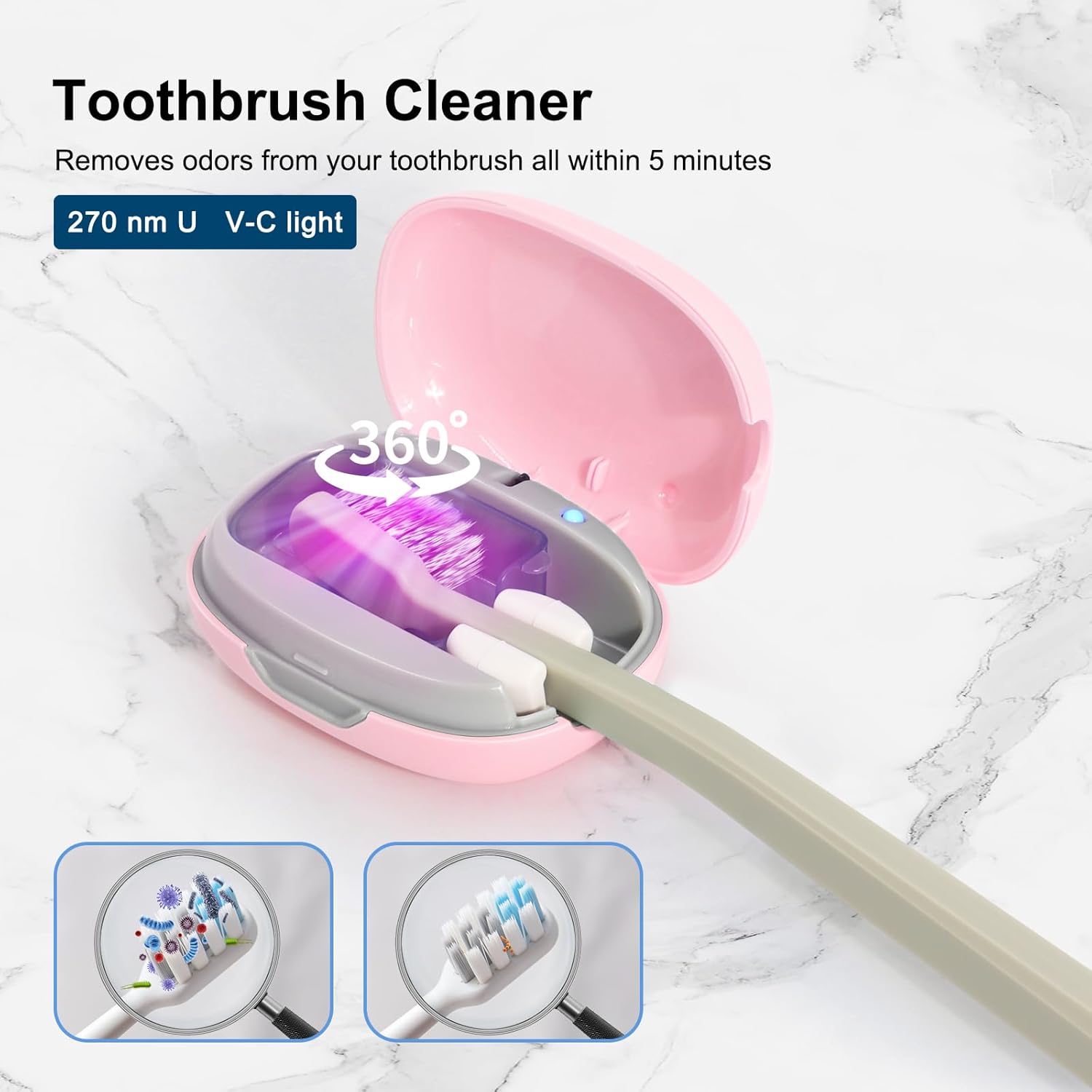 Toothbrush Holder, Toothbrush Cleaner Case, Portable USB Charging Toothbrush Cover with U V-C Light, Travel Toothbrush Holder (Pink)