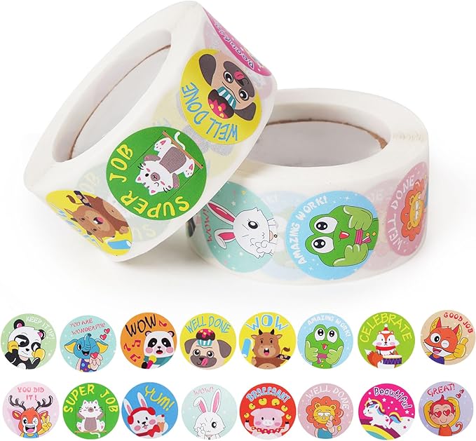 1000 Pcs Kid Stickers Animals, Stickers for Childens Teachers Students School Classroom in 16 Designs Motivational Stickers (1 Inch / 2 Rolls)